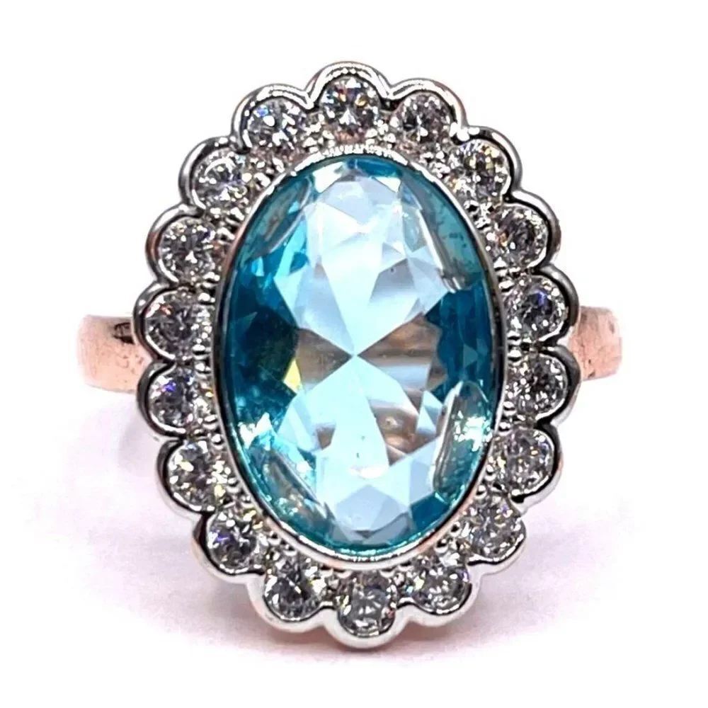 .925 Sterling Silver Rose Gold with Blue and White Cubic Zirconia Ring Size 6